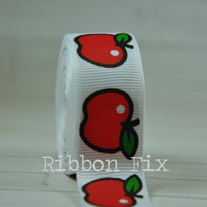 7/8" White Big Apples Print Grosgrain Ribbon - Fall Fruit - School Gift - Teacher Name Sign - Apple Pie - Dog Collar Leash - Bushel Wagon