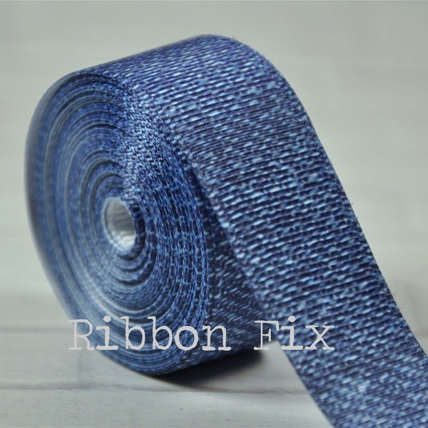 7/8 » Blue Jean Denim Print Grosgrain Ribbon - Jeans Pants - Rodeo Cowboy - Farm Barn - Wedding Gift Wrap - Baby Shower - Dog Collar Leash