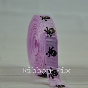 3/8&quot; Lt. Orchid & Black Skull Print Grosgrain Ribbon - US Designer - Halloween Skeleton - Spooky Ghost - Gift Wrap - Dog Collar - Party Bows
