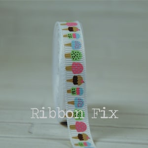 3/8&quot; White Ice Cream Cones Grosgrain Ribbon - US Designer Print - Waffle Cone - Gelato Cone - Summer Sundae - Sprinkles - Chocolate - Cherry