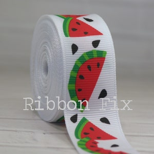 7/8&quot; Red & Green Watermelon Slices Print Grosgrain Ribbon - Black Seeds - Juicy Summer Fruit Bow - Gift Wrap - Lemon - Strawberry - Party