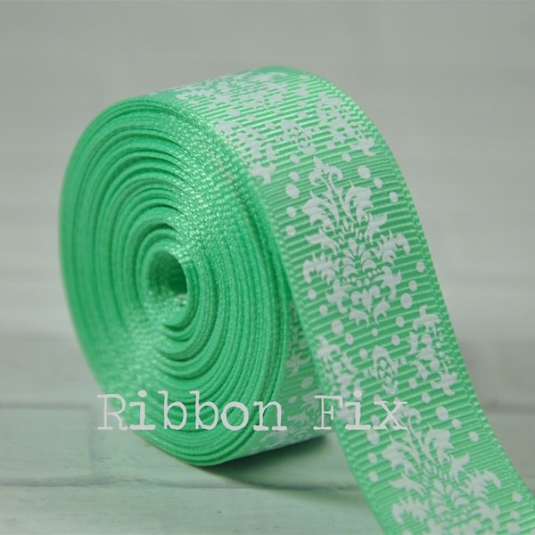 7/8" Mint Green & White Damask Grosgrain Ribbon - Easter Pastel - Spring - Toile - Ice Cream - Gift Wrap - Baby Shower - Wedding Party - Bow