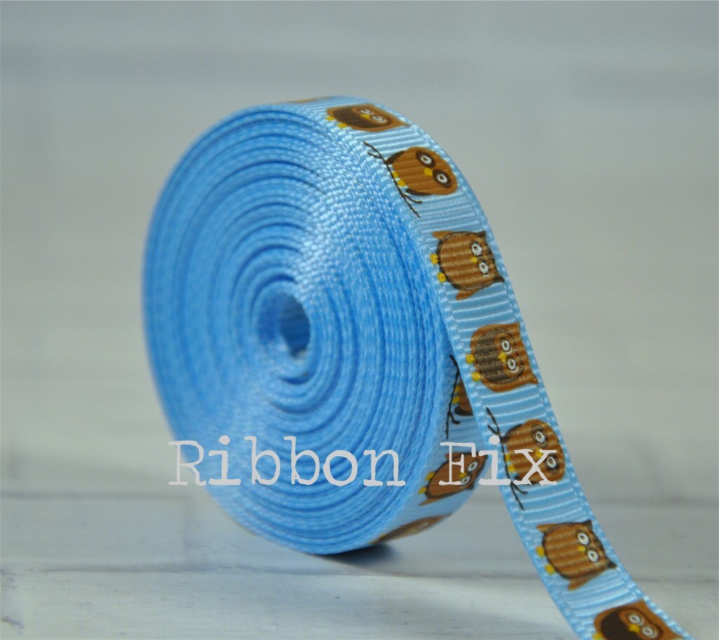 3/8" Baby Blue & Brown Owl Grosgrain Ribbon - US Designer Print - Hoot - Wedding Party - Ba