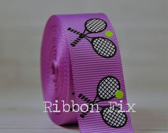 7/8" Orchid Purple Tennis Print Grosgrain Ribbon - Rackets - Balls - Court Bows - Net - Love - Backhand - Deuce - Serve - Dog Collar - Gift