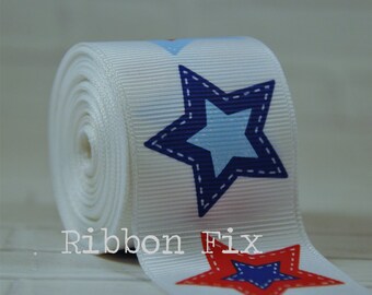 1.5" Patchwork Star Print Grosgrain Ribbon - 4th of July - America Bows - Stars & Stripes - Patriotic - Red Blue - Dog Collar Leash - Stitch