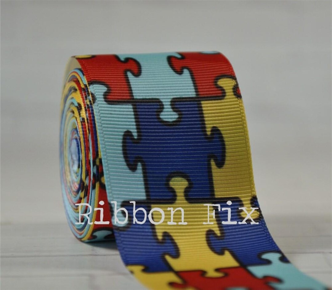 1.5" Autism Awareness Puzzle Print Grosgrain Ribbon - US Designer ...