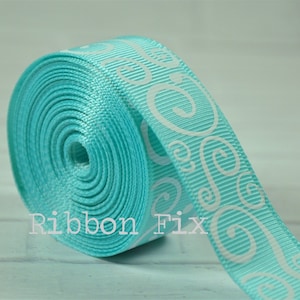 7/8&quot; Aqua Azul y Blanco Remolino Grosgrain cinta - EE.UU. Impresión de diseñador - Artesanía - Regalo de boda - Baby Shower - Perro collar correa - fiesta de cumpleaños