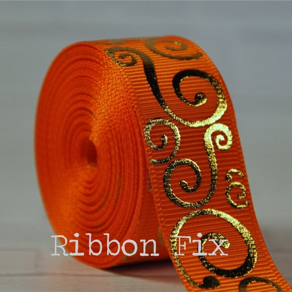 7/8" Orange & Gold Foil Swirl Print Grosgrain Ribbon - US Designer - Halloween Pumpkin - Fall Festival - College Football - Gift Wrap - Bows