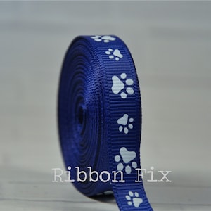 3/8&quot; 5/8&quot; 7/8&quot; Royal Blue & White Paw Print Grosgrain Ribbon - US Designer Paws - Wedding - Baby - Dog Collar Leash Bow - Grooming Bows Gift