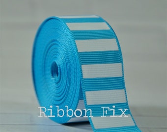 7/8" or 1.5" Turquoise Blue  with White Vertical Stripe Grosgrain Ribbon - Bold Stripes - Wedding Gift Wrap - Baby Shower - Dog Collar Leash