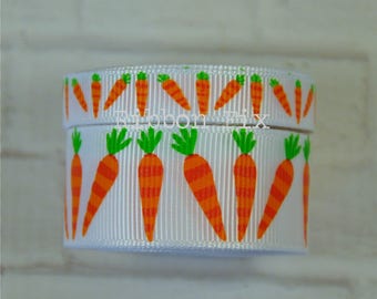 3/8&quot; or 7/8&quot; Easter Bunny Carrots Print Grosgrain Ribbon - US Designer - Eggs - Peter Rabbit - Basket - Garden Bow - Orange Carrot - Salad