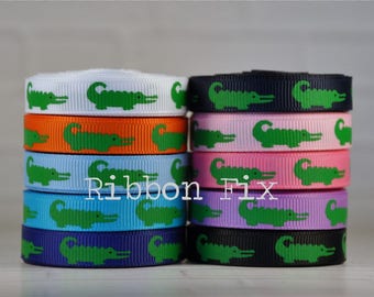 3/8" Emerald Green Alligator Print Grosgrain Ribbon - US Designer - Crocodile Skin - Florida Swamp - Bayou - Football - Pink - Blue - Orange