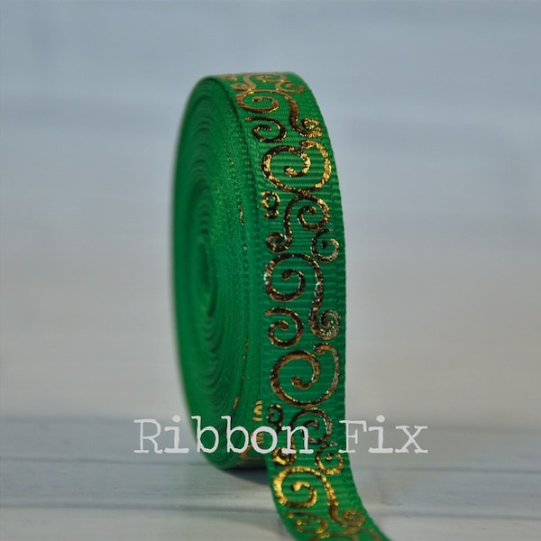 3/8" Emerald Green & Gold Swirl Print Grosgrain Ribbon - US Designer - Christmas Bling - Sparkle - Wedding - Gift Wrap - Dog Collar Leash