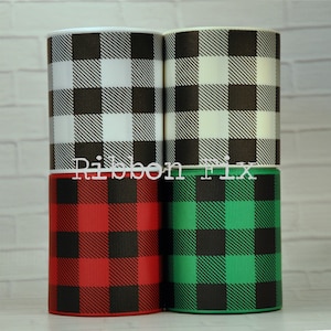 3&quot; Black Buffalo Plaid Print Grosgrain Ribbon - US Designer - Christmas Check Gift Wrap - Ornament Bow - Treat Ties - Cranberry Red White
