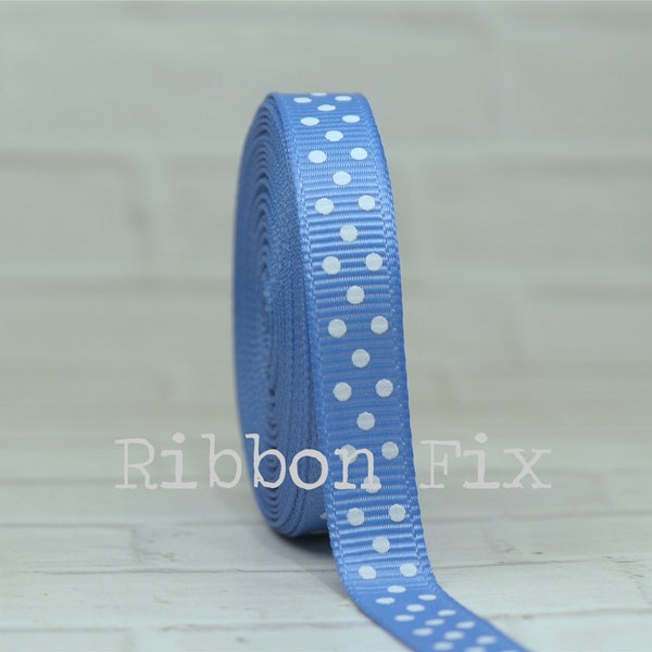 3/8" Capri Blue & White Swiss Dot Print Grosgrain Ribbon - Gift Wrap - Birthday - Wedding Party - Dog Collar - Polka Dots - Whales - Ocean