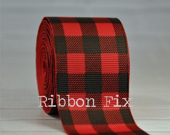 1.5" Red & Black Buffalo Plaid Print Grosgrain Ribbon - US Designer - Christmas Check Gift Wrap - Ornament Bow - Bakery Treat Ties - Gingham