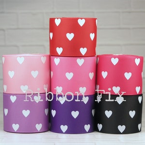 1.5&quot; White Heart Print Grosgrain Ribbon - Valentine&#39;s Day - US Designer - Red - Pink - Purple - Black - Wedding Bows - Love Bow - Gift Wrap