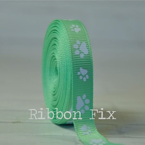 3/8&quot; Mint Green & White Paw Print Grosgrain Ribbon - US Designer Paws - Dog Cat Collar Leash Bow - Grooming Bows - Treat Ties - Gift Wrap
