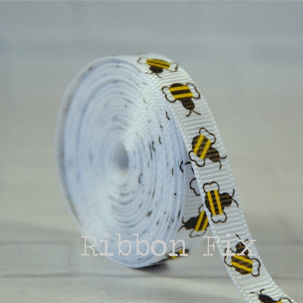 3/8" Buzzing Bees Grosgrain Ribbon - US Designer Print - Honey Bee - Black & Yellow - Wedding - Baby Shower - Flowers - Dog Collar Leash