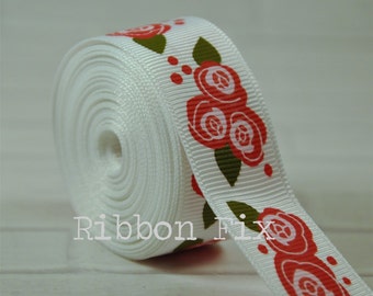 7/8" blanco y rosa oscuro rosa rosa impresión Grosgrain cinta - jardín - retro rosa flores - fiesta de boda - ducha de bebé - arcos florales - collar de perro