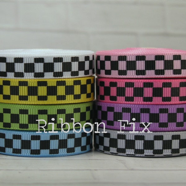 3/8" Black Checker Print Grosgrain Ribbon - White - Yellow - Lime Green - Baby Blue - Baby Pink - Orchid - Silver - Gingham Plaid - Hot Pink