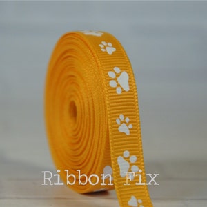3/8&quot; 5/8&quot; 7/8&quot; Yellow Gold & White Paw Print Grosgrain Ribbon - US Designer Paws - Baby - Party - Dog Collar Leash Bow - Grooming Bows Gift