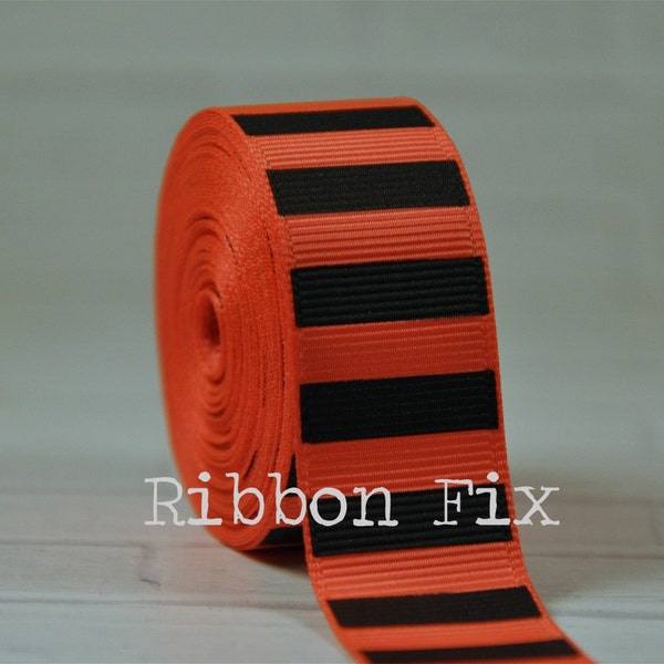 7/8" Neon Orange with Black Vertical Stripe Grosgrain Ribbon - Bold Stripes - Halloween - Pumpkin - Gift Wrap - Dog Collar - Hunting - 80's