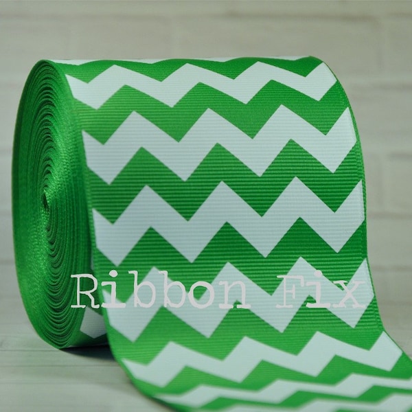 3" Emerald Green & White Chevron Stripe Grosgrain Ribbon - Football - College - Cheer Bows - Zig Zag - Wreath - Cheerleader - Sports Team