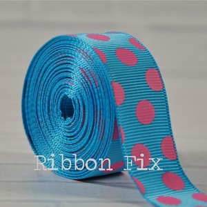 7/8&quot; Turquoise with Hot Pink Polka Dot Grosgrain Ribbon - Baby Shower - Gift Wrap - Gender Reveal - Dots - Easter Eggs - Dog Collar Leash
