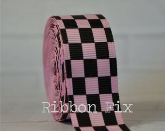 3/8", 7/8", or 1.5" Baby Pink & Black Checker Print Grosgrain Ribbon - Finish Line - Checkered Flag - Racing Bows - Race Car Party - Girls
