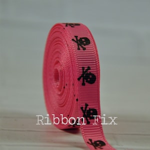 3/8&quot; Hot Pink & Black Skull Print Grosgrain Ribbon - US Designer - Skeleton High - Princess  - Monster - Teen - Halloween - Dog Collar Leash
