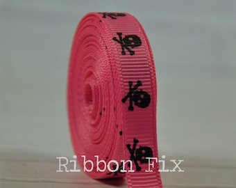 3/8" Hot Pink & Black Skull Print Grosgrain Ribbon - US Designer - Skeleton High - Princess  - Monster - Teen - Halloween - Dog Collar Leash