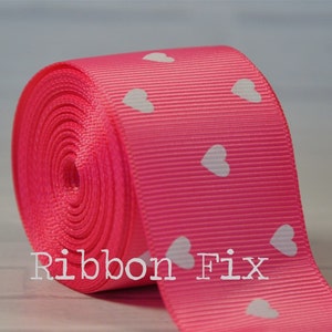 1.5&quot; Hot Pink Heart Print Grosgrain Ribbon - Valentine&#39;s Day - White Hearts - Wedding Party - Cupid Love Bow - Dog Collar - Gift Wrap Bows