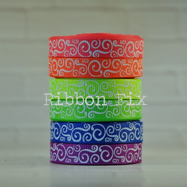 3/8" Neon Colors + White Swirls Print Grosgrain Ribbon - US Designer - Gift Wrap - Pink - Orange - Yellow - Green - Blue - Purple - Scrolls