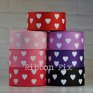 7/8&quot; White Heart Print Grosgrain Ribbon - Valentine&#39;s Day - US Designer - Red - Pink - Purple - Black - Wedding Bows - Love Bow - Gift Wrap