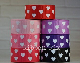7/8" White Heart Print Grosgrain Ribbon - Valentine's Day - US Designer - Red - Pink - Purple - Black - Wedding Bows - Love Bow - Gift Wrap