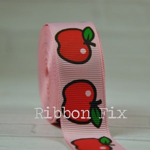 7/8&quot; Baby Pink & Red Big Apples Print Grosgrain Ribbon - Fall Fruit - School Bows - Teacher Gift Wrap - Baby Shower - Apple Pie - Dog Collar