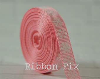 3/8" Baby Pink & White Snowflake Print Grosgrain Ribbon - Christmas Snow - Frozen Crafts - Holiday Gift Wrap - Winter Onederland - Princess
