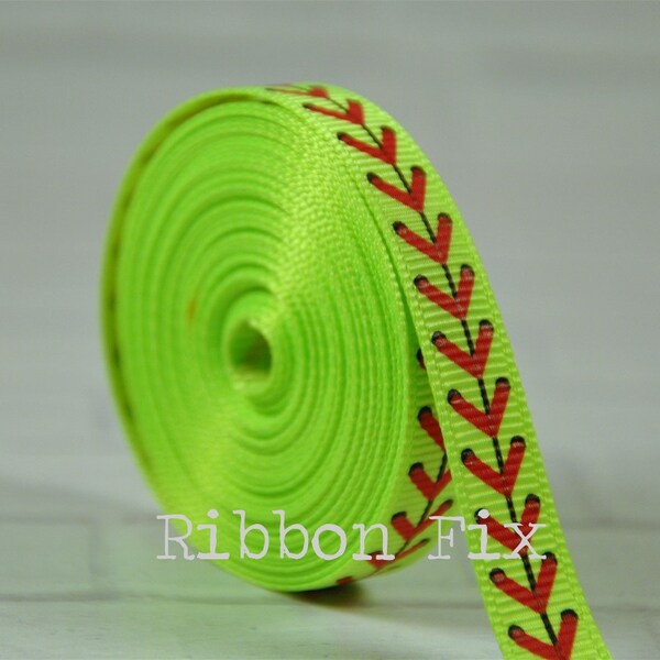 Ruban gros-grain imprimé lacets de softball jaune fluo 3/8" - balle rapide - bases losanges - terrain de balle souple - noeuds d'équipe - batte et balle - mitaines