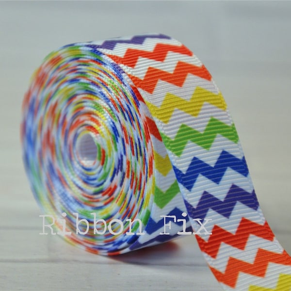3/8", 7/8", 1.5", or 2.25" Rainbow Chevron Stripe Print Grosgrain Ribbon - US Designer - ROYGBIV - Cheer Bows - Hair Bow - Pride - Gift Wrap
