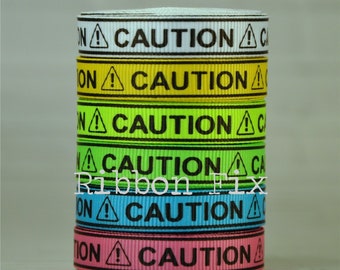 3/8" Caution Tape Print Grosgrain Ribbon - Halloween Yellow - Crime Scene - Do Not Pet - In Training - Not Friendly - Cat Collar - Dog Leash