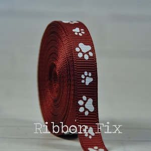 3/8&quot; 5/8&quot; 7/8&quot; Burgundy & White Paw Print Grosgrain Ribbon - US Designer Paws - Maroon - Dog Collar Leash Bow - Grooming Bows Gift - Animal