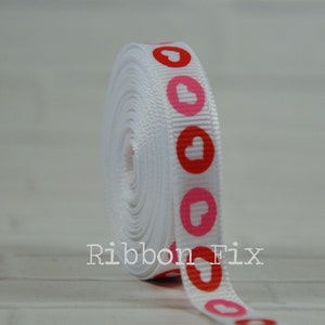 3/8&quot; White Heart Dots Print Grosgrain Ribbon - Valentine&#39;s Day - Wedding - Sewing Bows - Love Gifts - Dog Collar Leash - Red Hot Pink Hearts