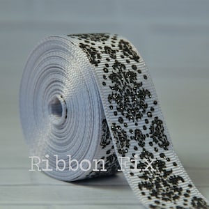 7/8&quot; Silver & Black Glitter Damask Print Grosgrain Ribbon - US Designer - Toile Bows - Wedding Party - Baby Shower - Dog Collar - Light Grey