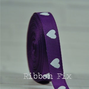 Cinta de grogrén con estampado de corazón morado de 3/8&quot; - Día de San Valentín - Fiesta de bodas - Abrazos y besos - Lazos de amor - Papel de regalo - Collar de perro - Mardi Gras
