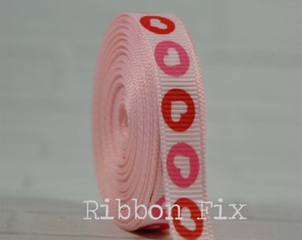 3/8" Light Pink Heart Dots Print Grosgrain Ribbon - Valentine's Day - Wedding - Sewing - Love Gifts - Dog Collar Leash - Red Hot Pink Hearts