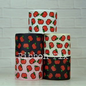 1.5&quot; Red Apple Print Grosgrain Ribbon - Back to School - Fall Bows - Fruit Tree - Teacher Gift Wrap - Baby Shower - White Pink Navy Black