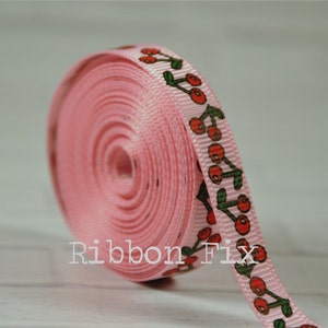 3/8" Pink & Red Cherry Print Grosgrain Ribbon - Cherries - Summer - Fruit Stand - Gift Wrap - Watermelon - Strawberry - Baby Shower - Bows