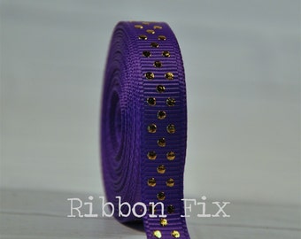 3/8" Purple & Gold Swiss Dot Print Grosgrain Ribbon - US Designer - Bling Dots - Sparkle - Wedding Party - Gift Wrap - Halloween - Witch Bow