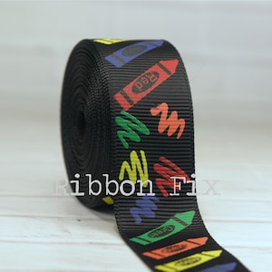 7/8 » Black Crayon Print Grosgrain Ribbon - US Designer - Préscolaire - Maternelle - Classe d’Art - Craft Project - Boîte de Crayons - Arcs scolaires